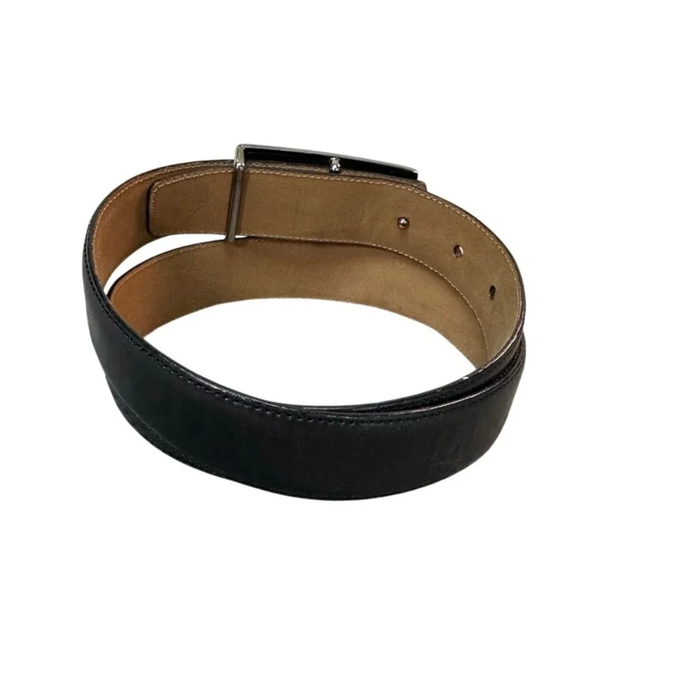 Mezlan Mens Black Leather Belt Silver Geometric Buckle Made in Spain Size 30